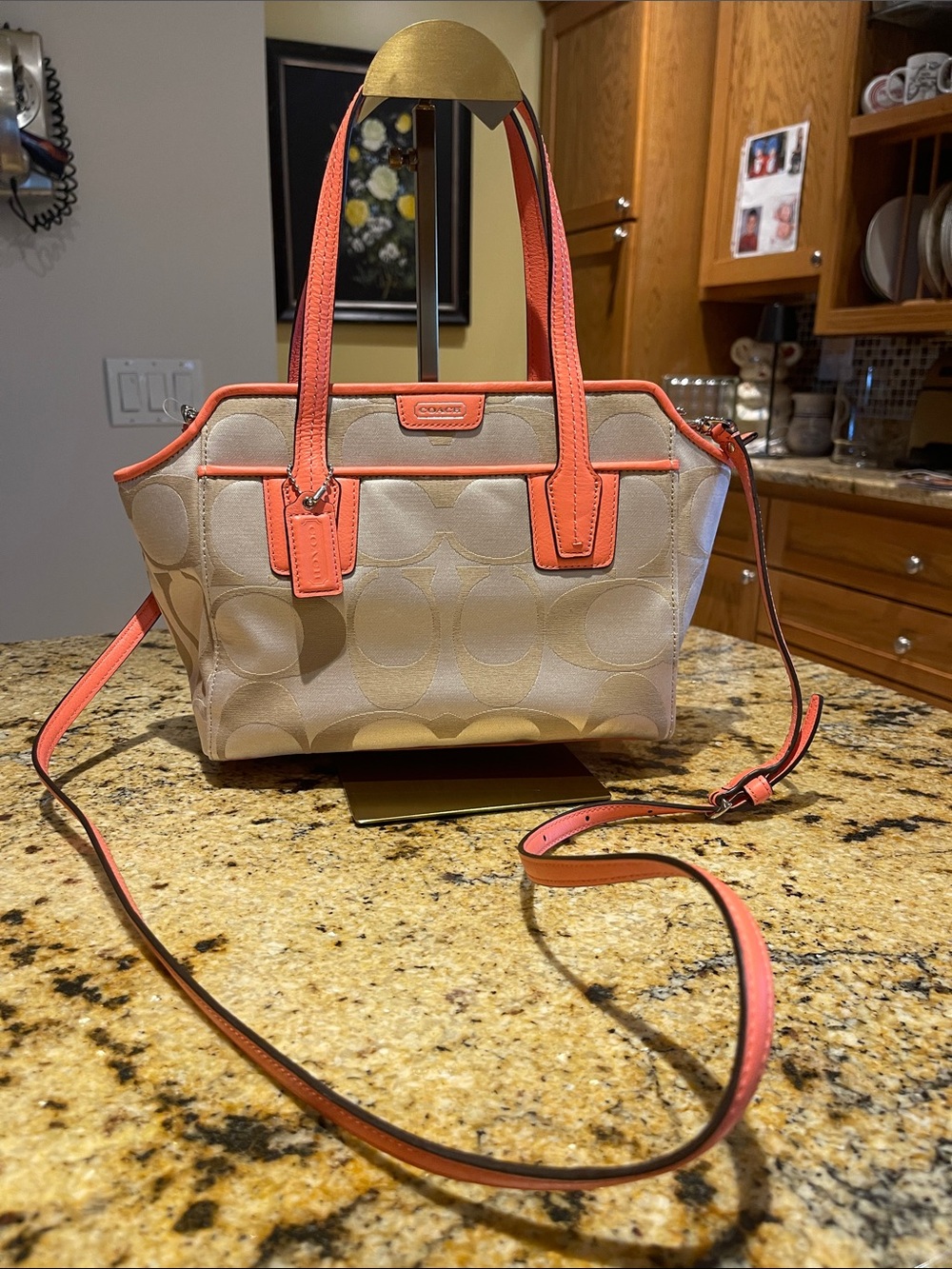 Coach Beige Signature Canvas Tote with Coral Trim